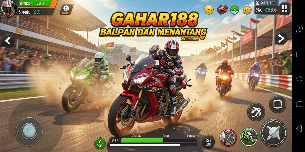 Screenshot gameplay GAHAR188 dengan aksi balapan motor yang seru.