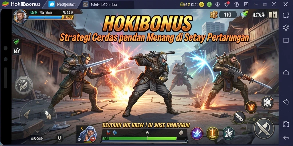 Screenshot HOKIBONUS menampilkan karakter dan medan perang yang dinamis.