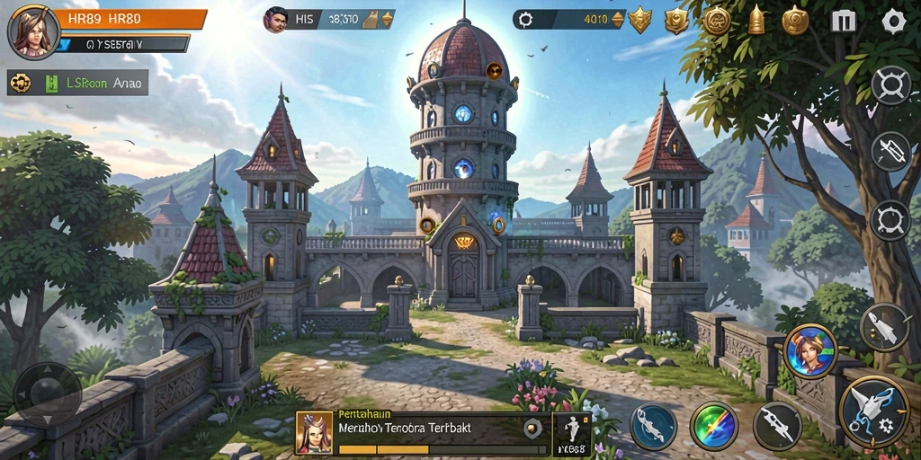 Tangkapan layar gameplay HR89 menampilkan pertahanan yang kuat di dunia Tower Defense.