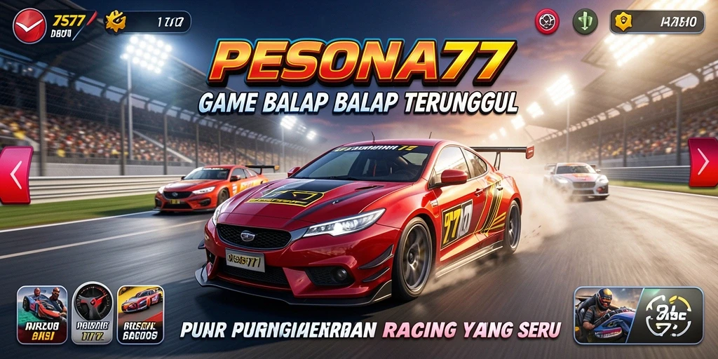 Screenshot gameplay PESONA77 menampilkan balapan yang intens dan mobil yang mengesankan.