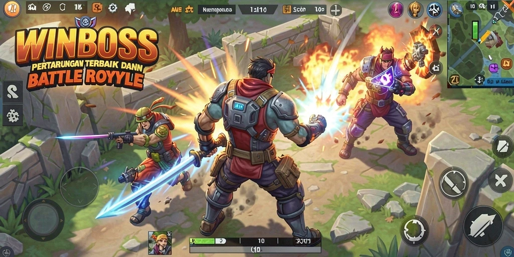 Screenshot utama WINBOSS menampilkan aksi seru dari gameplay Battle Royale yang mengasyikkan.