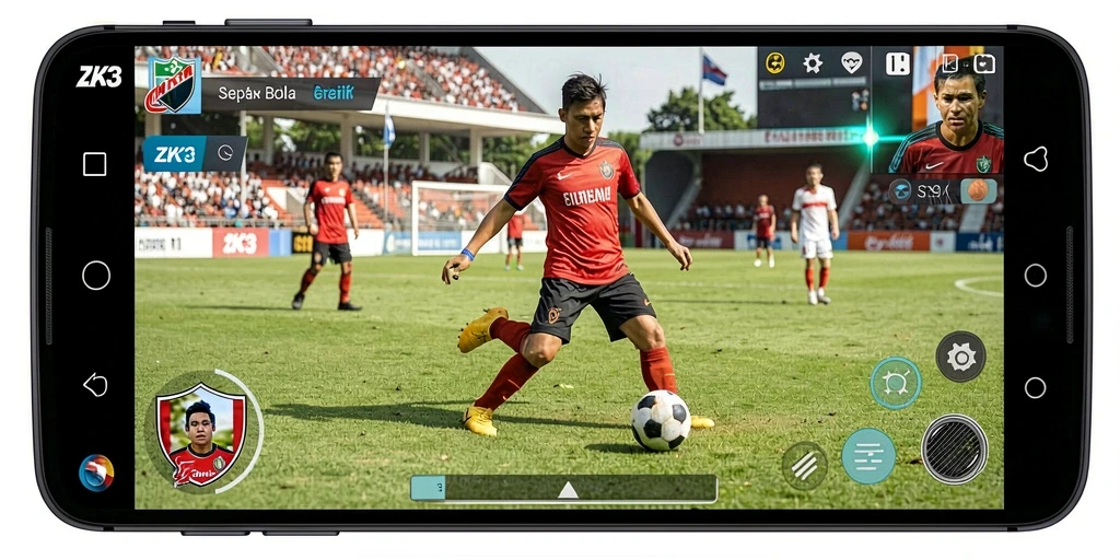 Screenshot utama ZK3 menunjukkan aksi pertandingan sepak bola yang mendebarkan.